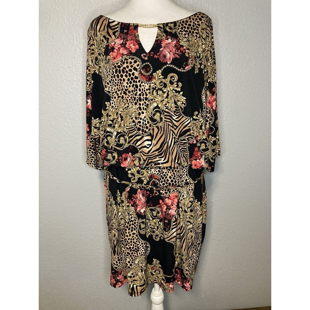 Thalia Sodi Dress XXL Belt Chain Black Gold Split Sleeve Mob Wife Animal Print